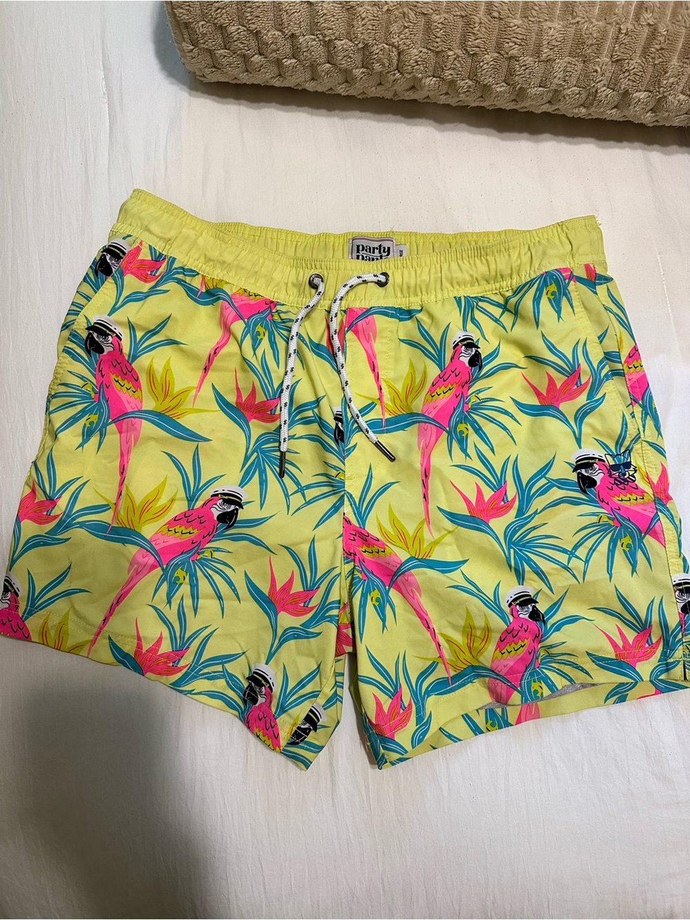 Party Wave Men’s Yellow Tropical Parrot Swim Trunks